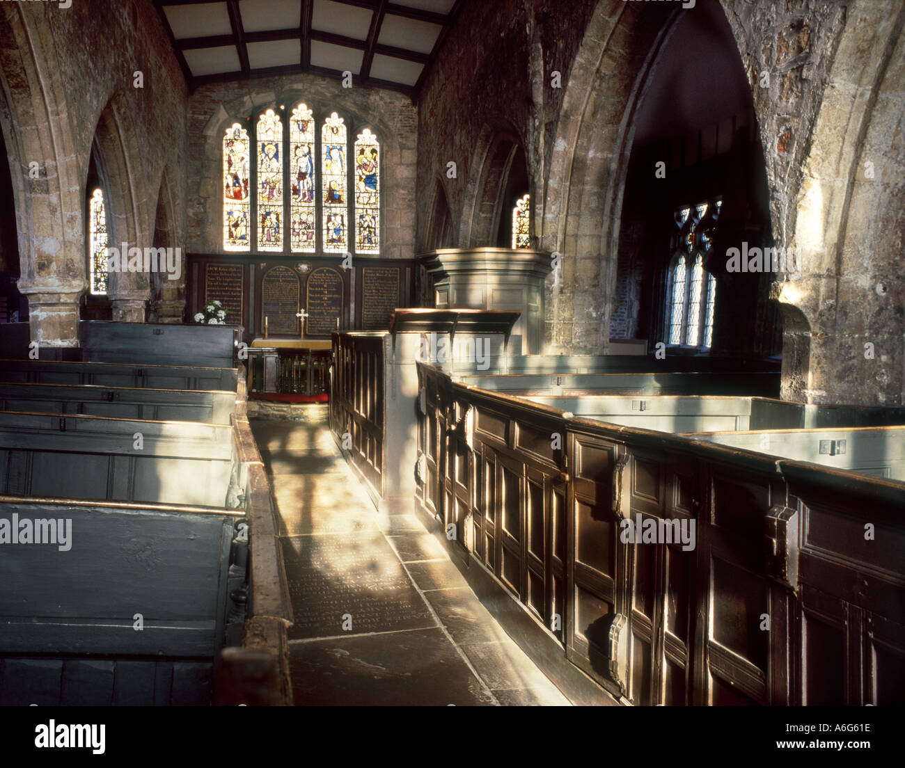 Kirchenschiff und Box Kirchenbänke Holy Trinity Kirche ältesten York North Yorkshire England Stockfoto