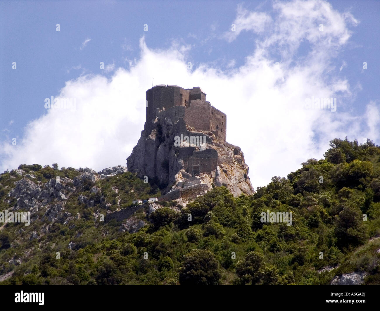 Blick auf die Katharer-Burg, Frankreich, Pyrenaeen Stockfoto