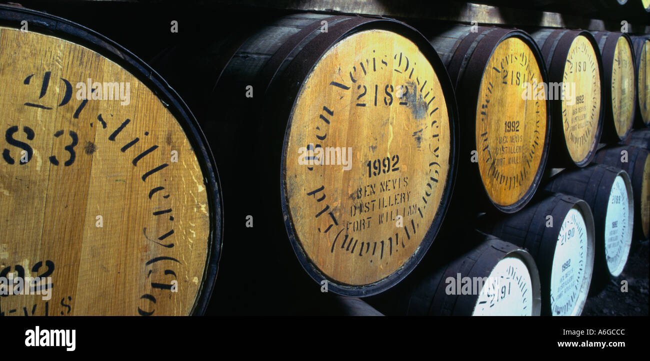 Schottland Fort William Ben Nevis Whisky Brennerei Reihen von Whisky Holzwannen in der Brennerei sellar Stockfoto