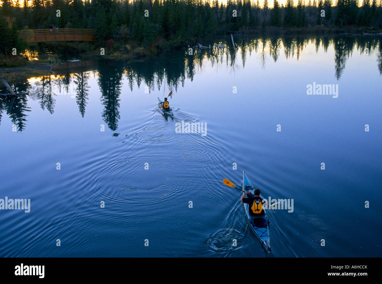 Kajakfahrer auf Elbow River, Calgary, Alberta, Kanada. Stockfoto