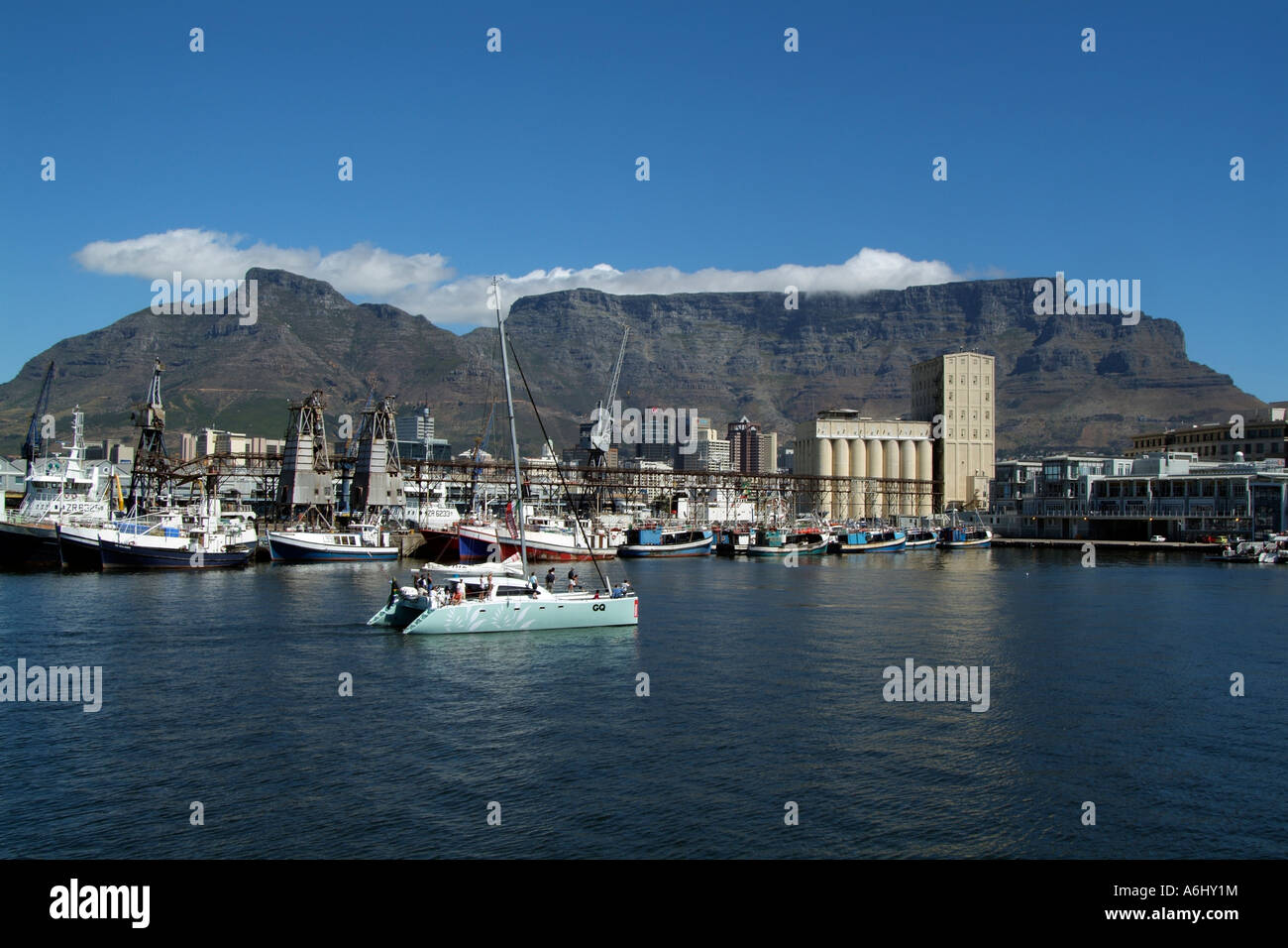 Waterfront von Kapstadt und Table Mountain Südhafen Afrika RSA und Hafen Katamaran Stockfoto