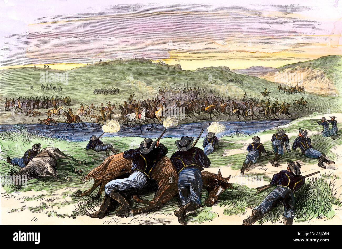 Schlacht von Beecher Island auf der Arikaree Gabel zwischen Büffel Soldaten und südlichen Plains Indianer 1868. Hand - farbige Holzschnitt Stockfoto