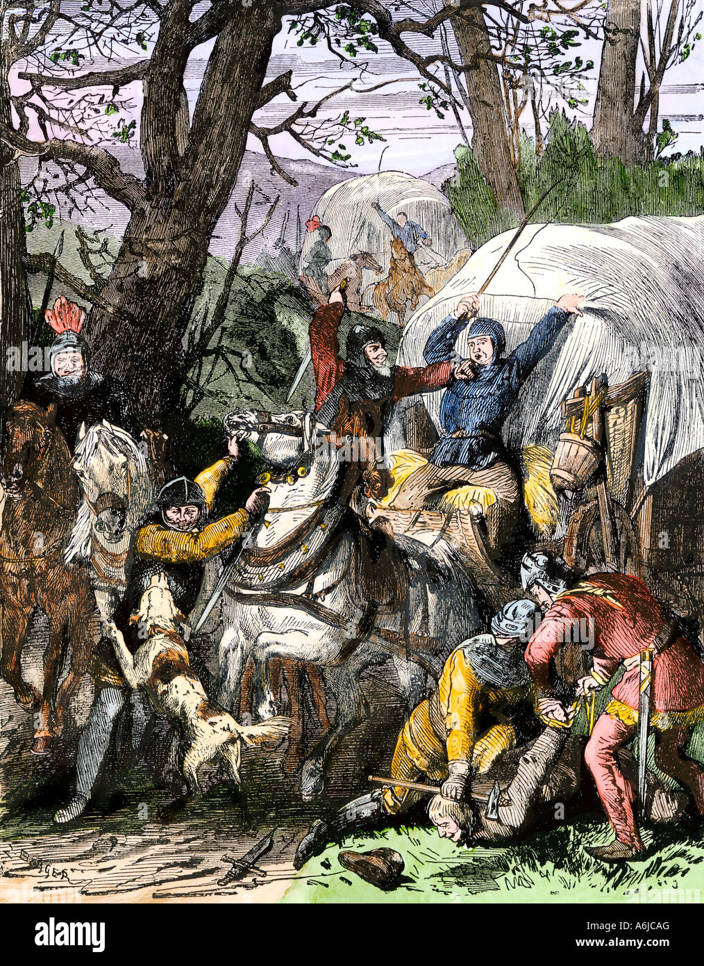 Norman Barons waylaying Reisende in England im späten Mittelalter. Hand - farbige Holzschnitt Stockfoto