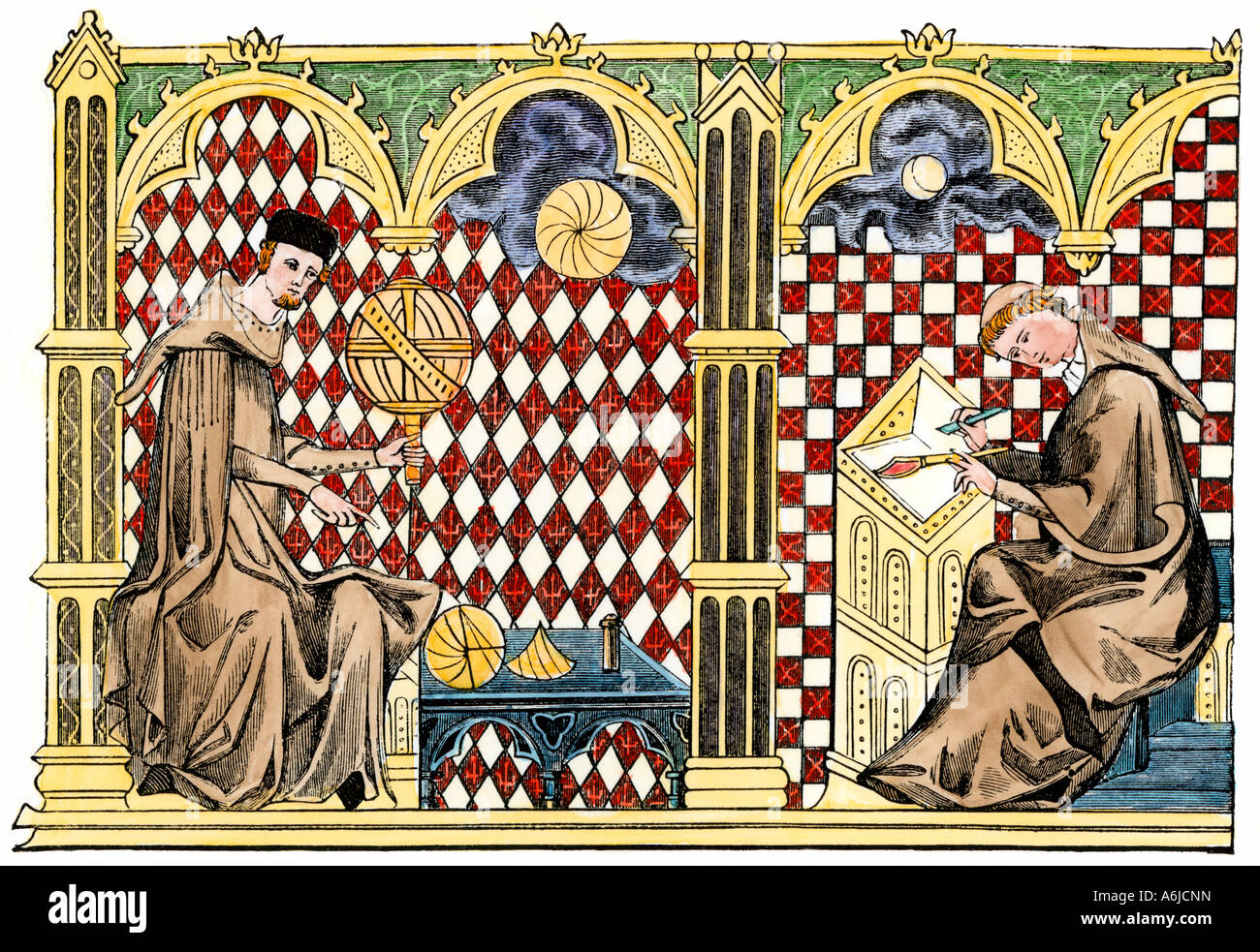 Mönch Mathematiker studieren ein Globus und ein anderer Gelehrter kopieren ein Manuskript 1200. Hand - farbige Holzschnitt Stockfoto
