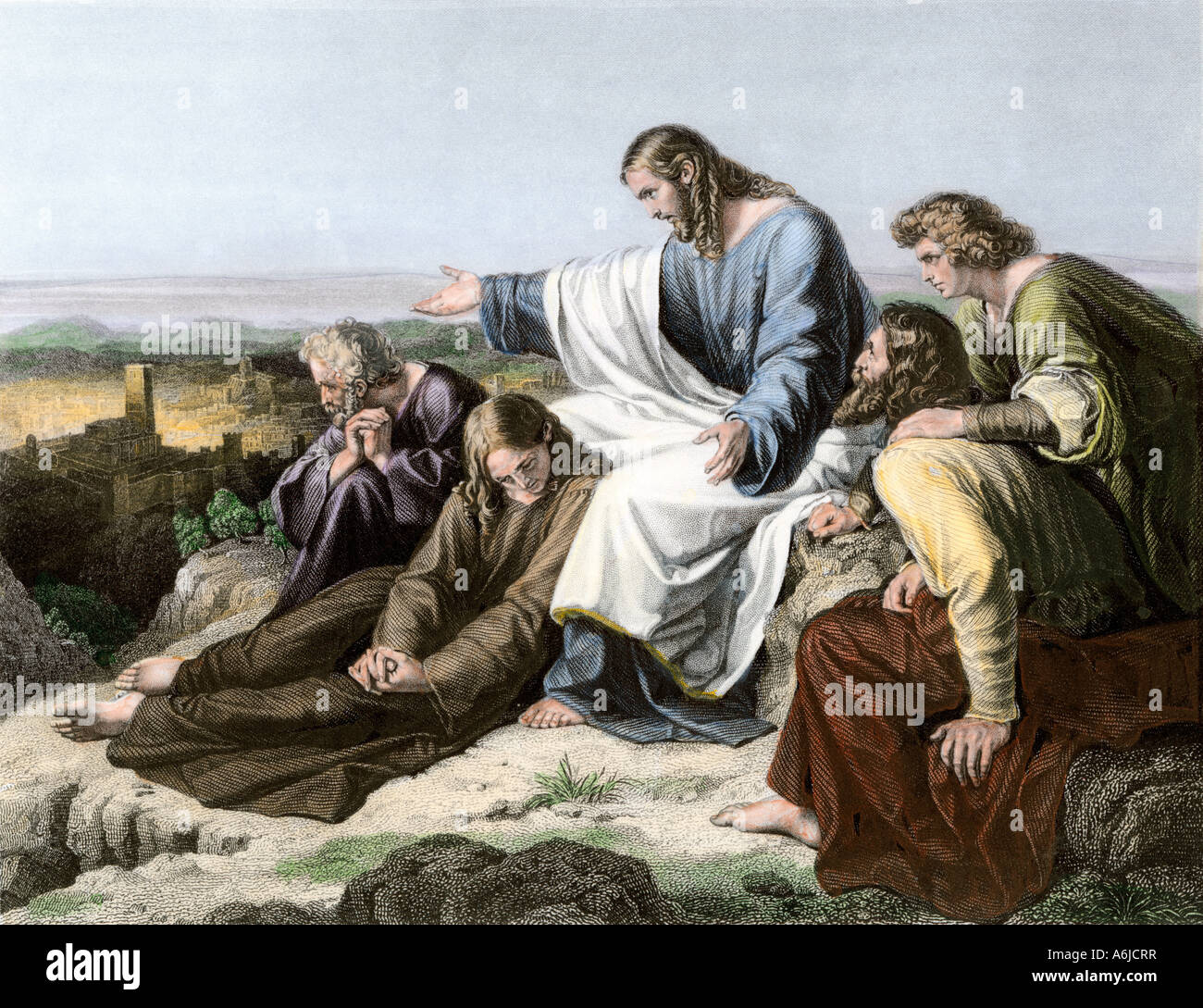 Jesus beklagt das Schicksal Jerusalems. Hand - farbige Gravur Stockfoto