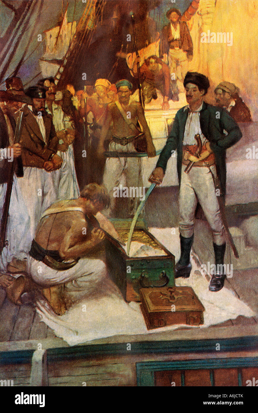 Pirat Jean Lafitte akzeptiert eine Brust von Lösegeld. Farbe halftone eines Frank Schoonover Abbildung Stockfoto