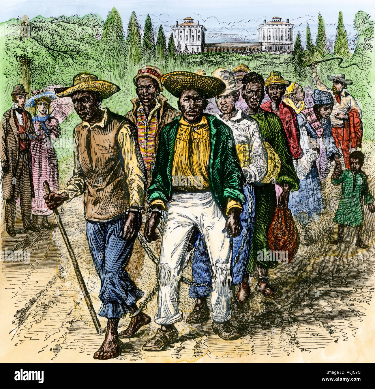 Slave coffle in Washington DC Vor der alten Capitol, die 1814 verbrannt. Hand - farbige Holzschnitt Stockfoto