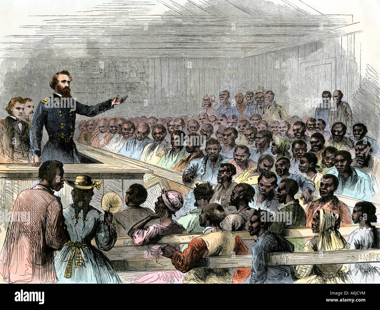US-Generäle der Armee Stedman und Fullerton Rücksprache mit befreite Sklaven an der Trent River North Carolina 1866. Hand - farbige Holzschnitt Stockfoto