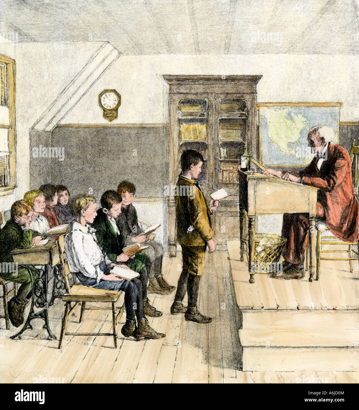 Jungen tun einer Lesung Lektion in einem Schulzimmer 1800. Hand - farbige Holzschnitt Stockfoto