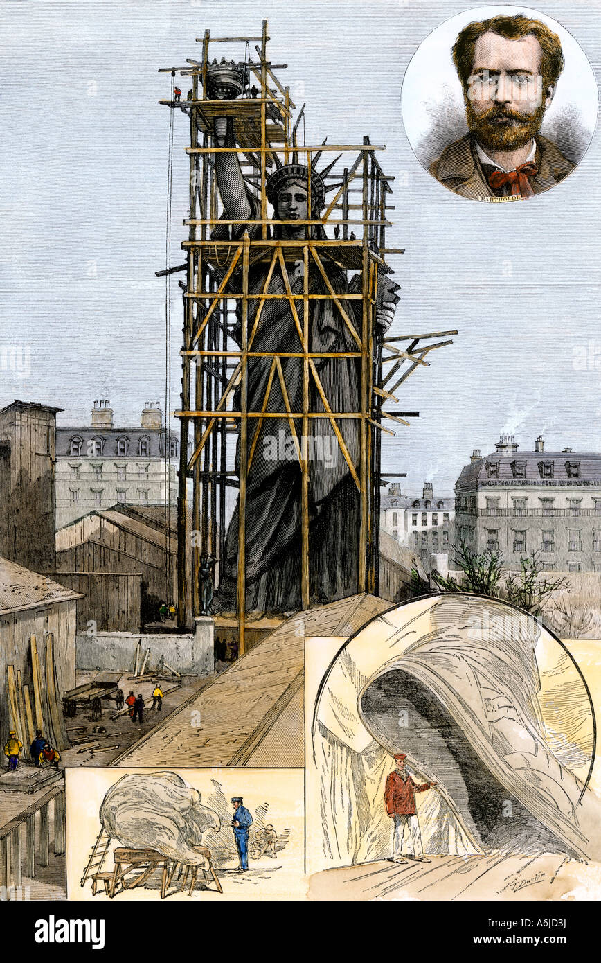 Freiheitsstatue Gerüst außerhalb von BARTHOLDI's Studio in Paris 1884. Hand - farbige Holzschnitt Stockfoto