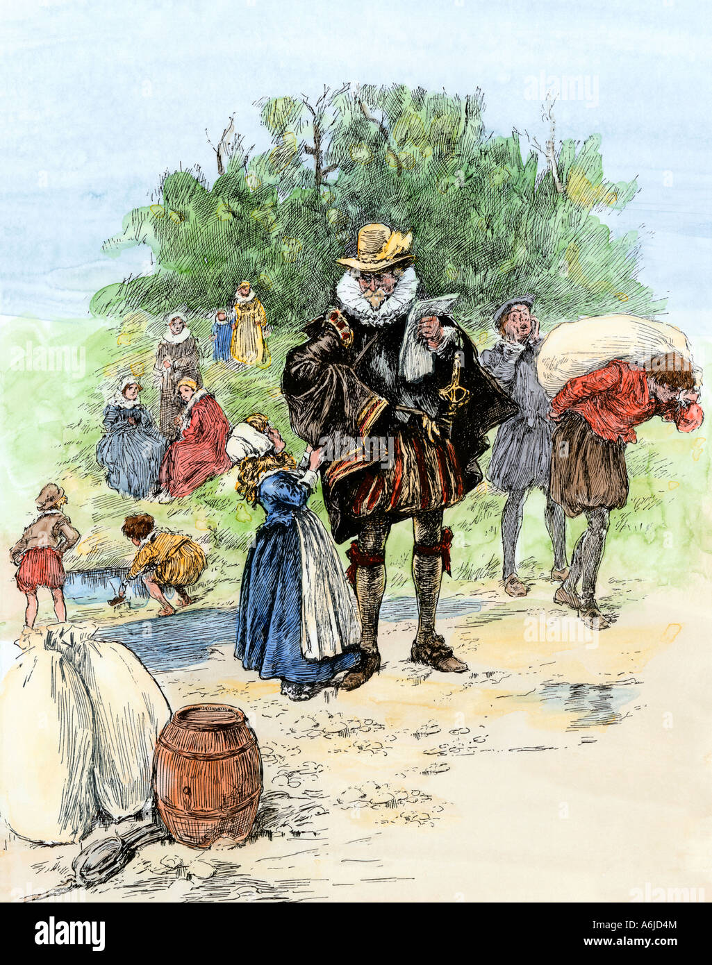 Landung der ersten englischen Siedler auf Roanoke Island unter Richard Grenville 1585. Hand - farbige Holzschnitt Stockfoto