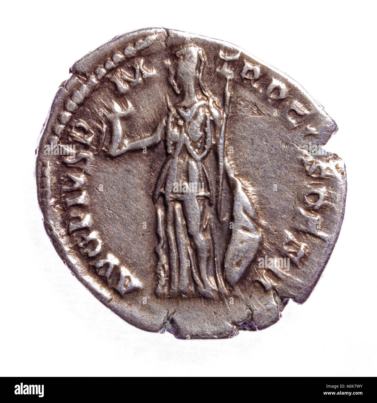 Eine silberne Denar 138 n. Chr. von Antoninus Pius als Caesar ausgestellt. Stockfoto