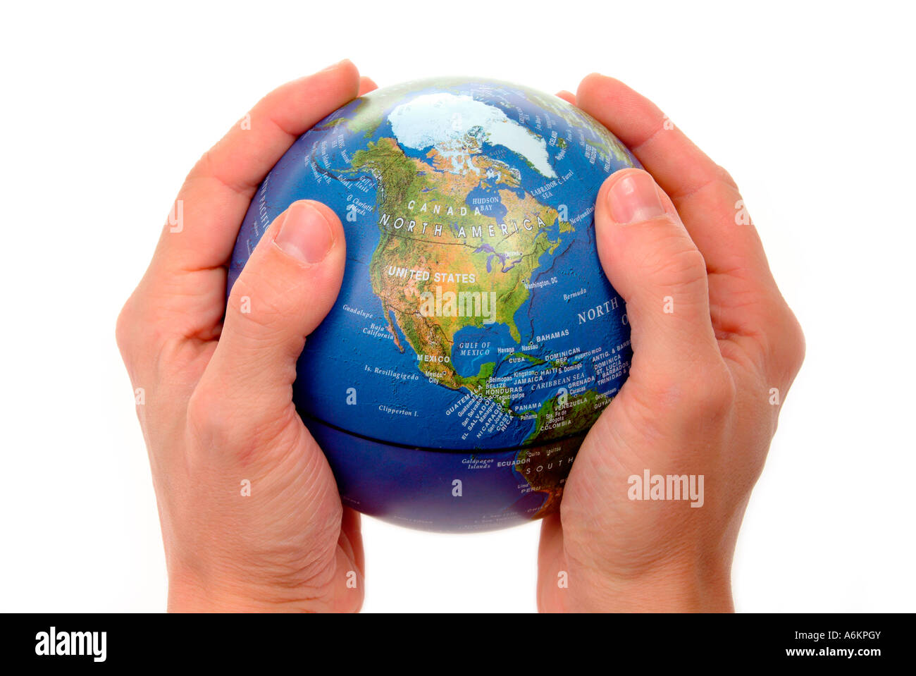 Hände halten einen Globus Stockfoto