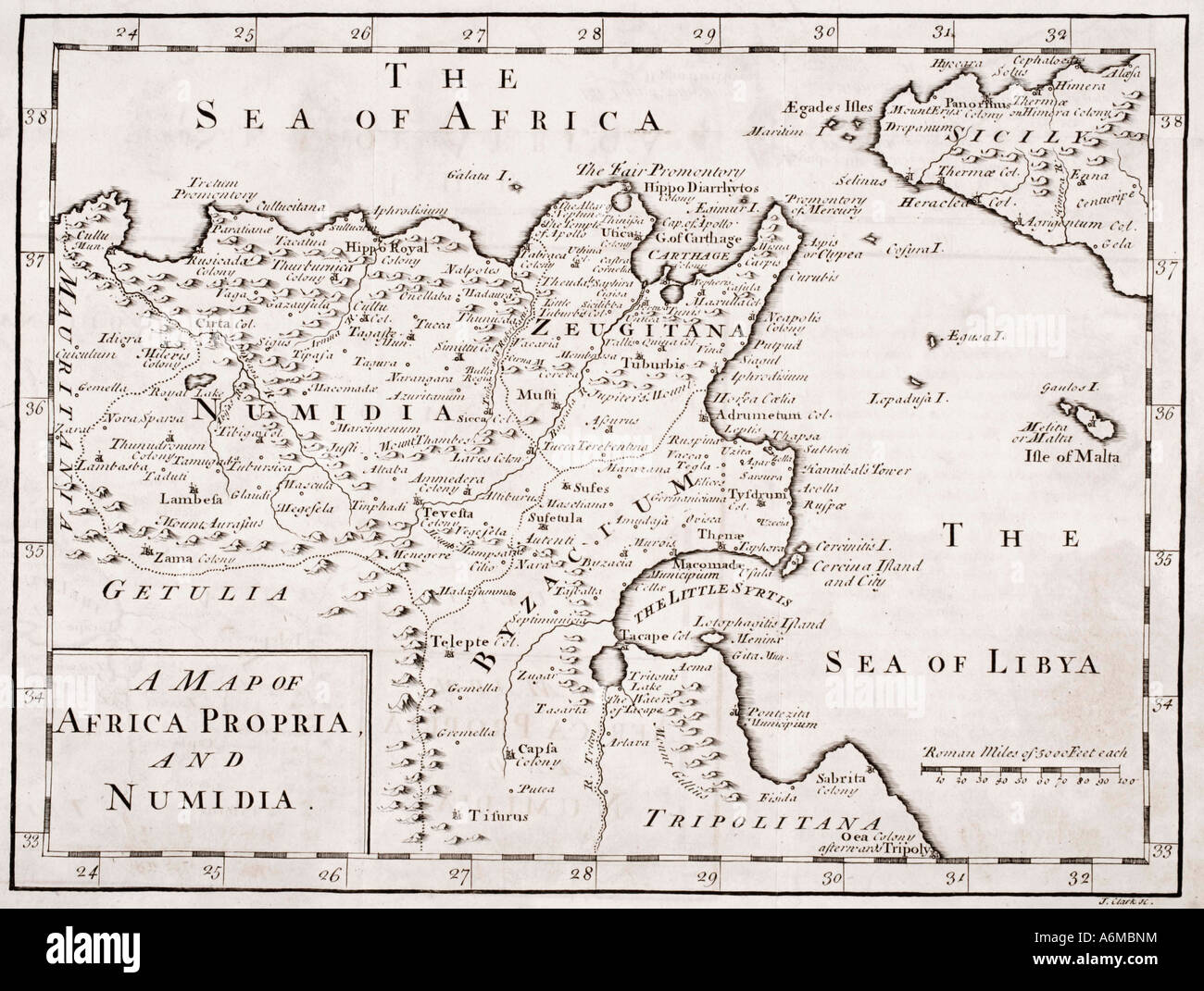 Eine Karte des 19. Jahrhunderts von Afrika, Propria und Numidia. Stockfoto