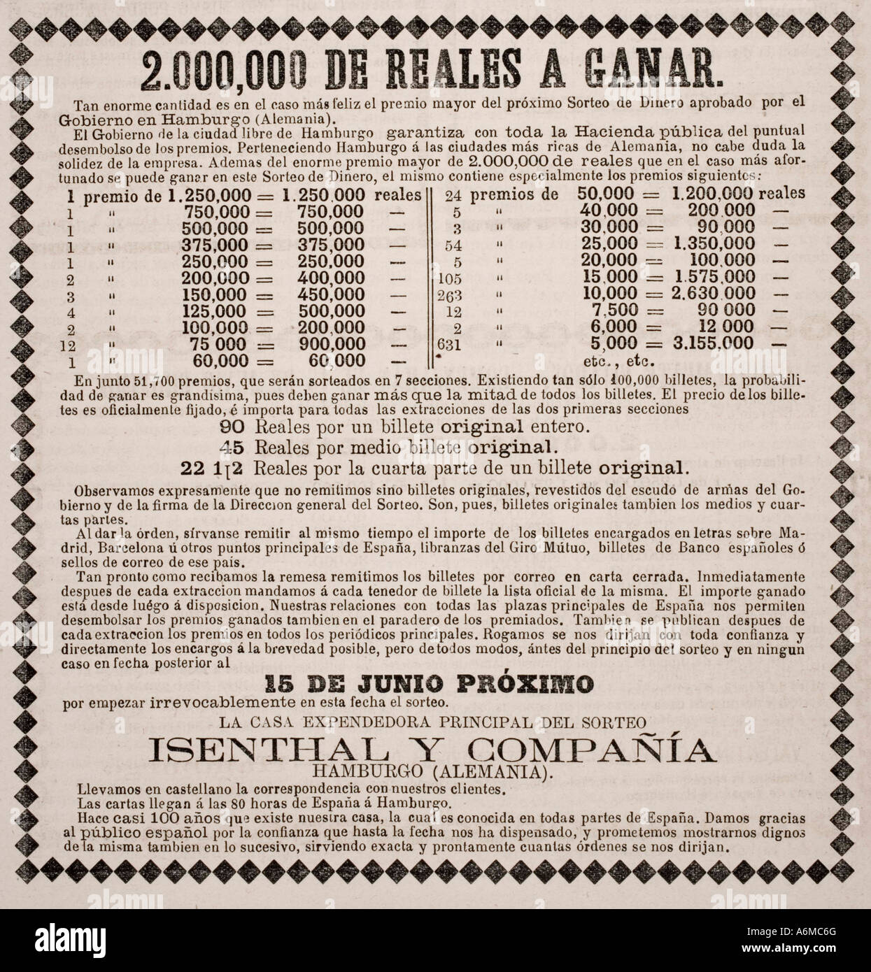 Werbung für deutsche Lotterie, aus einer Ausgabe 1880 der spanischen Publikation Revista Popular de Conocimientos Utiles. Stockfoto