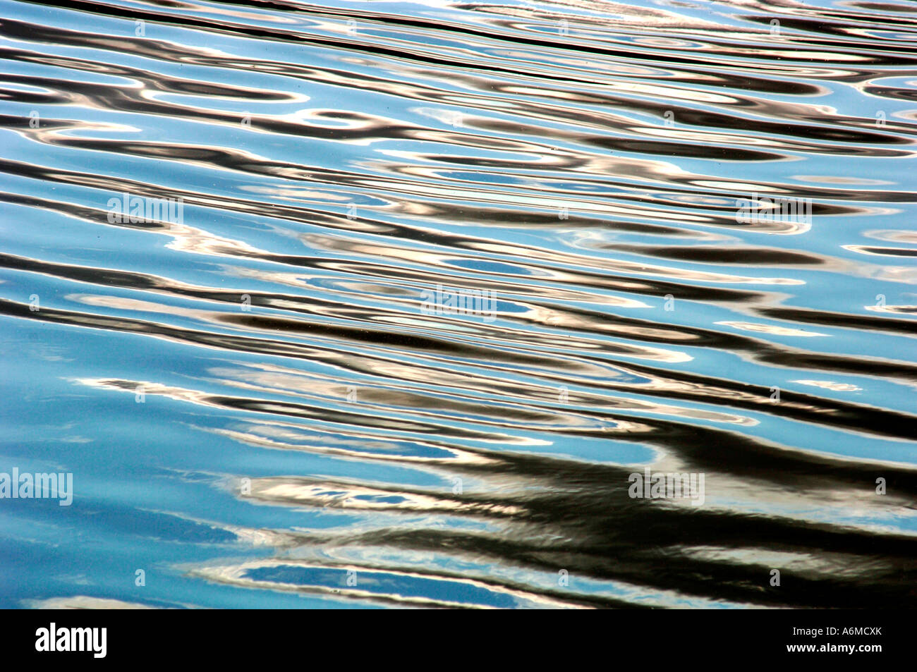 Nahaufnahme des Wassers, reflektiert ein blauer Himmel & Wolken, Plätschern in abstrakte Muster. Stockfoto