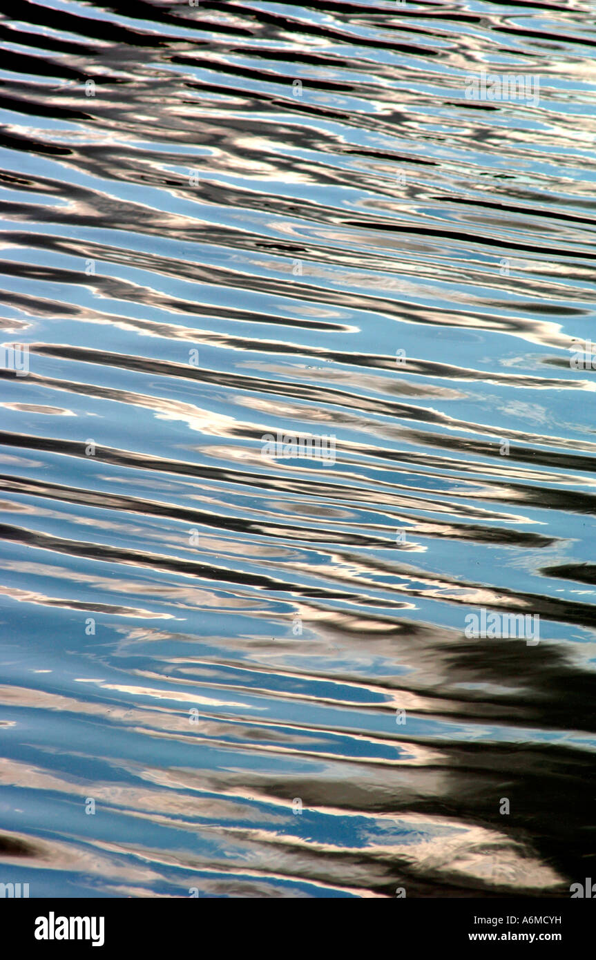 Nahaufnahme des Wassers, reflektiert ein blauer Himmel & Wolken, Plätschern in abstrakte Muster. Stockfoto