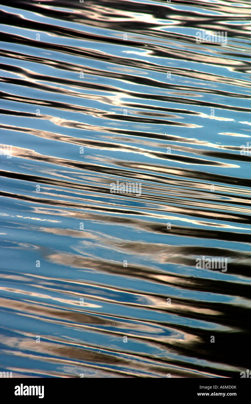 Nahaufnahme des Wassers, reflektiert ein blauer Himmel & Wolken, Plätschern in abstrakte Muster. Stockfoto