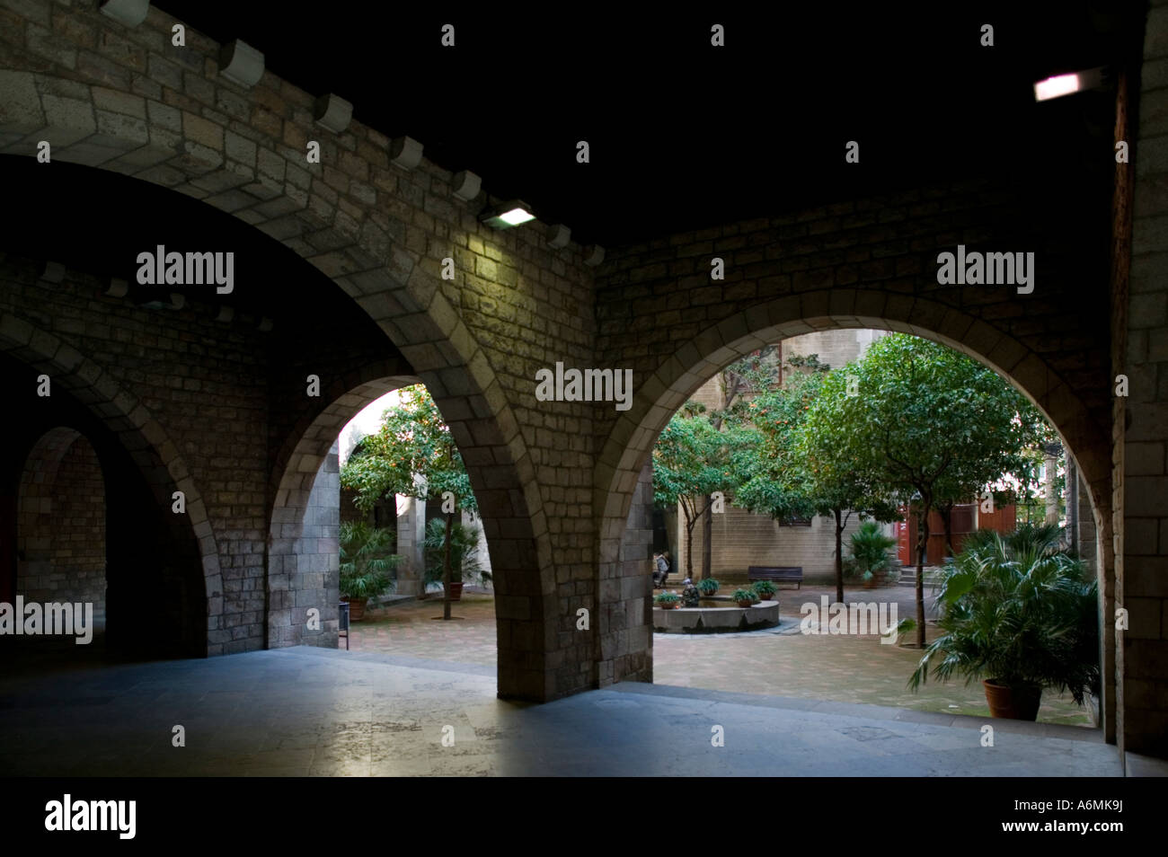 Steinbögen und Hofgarten im Museu Frederic Mares MFM El Barri Gotic gotischen Viertel Barcelona Katalonien Spanien Stockfoto