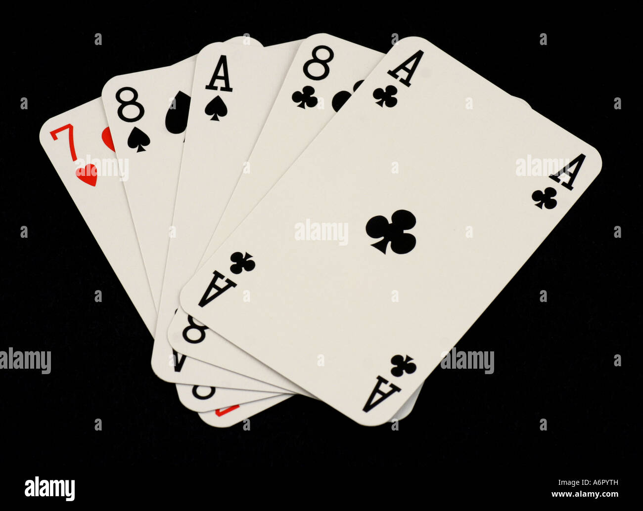 Zwei Paare, Asse und achten durch gehalten, bekannt als die Toten s Hand angeblich Wild Bill Hickok wenn er geschossen und getötet wurde Stockfoto