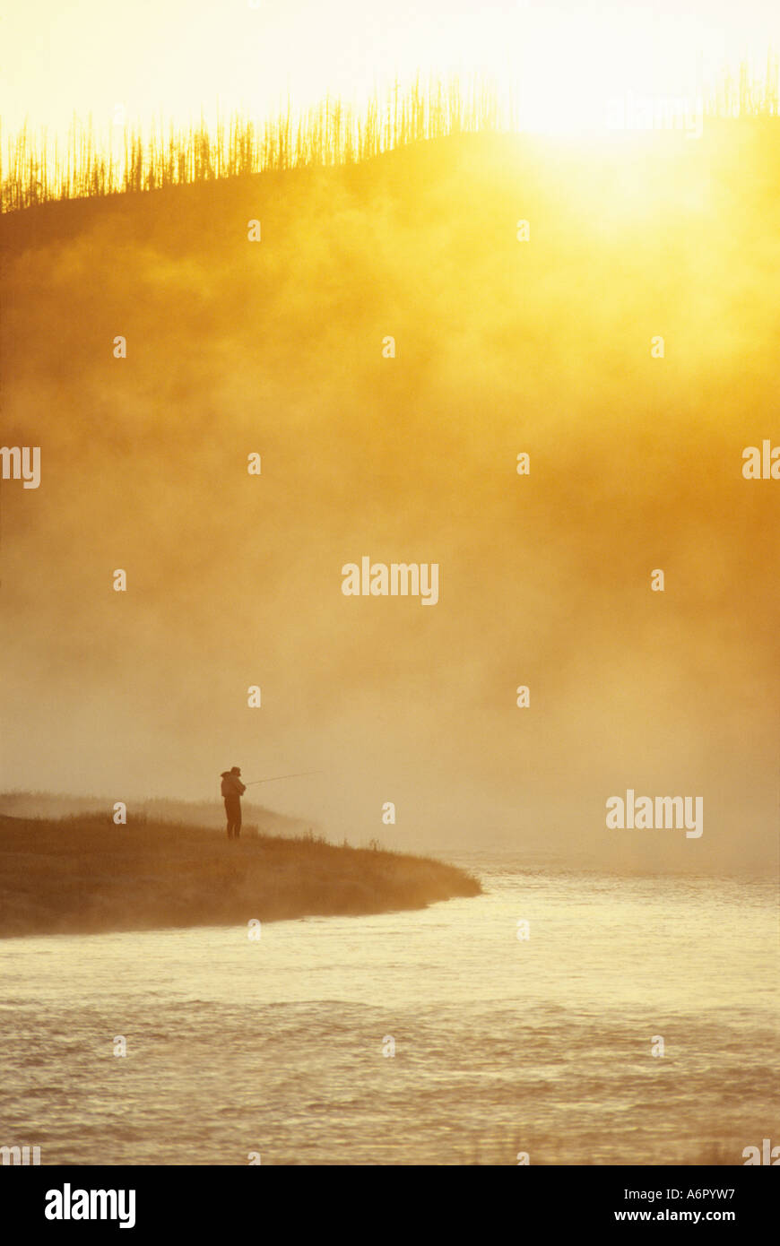 Yellowstone-Silhouette-Fischer im Wasser stehend, mit aus dem Wasser aufsteigenden Nebel Stockfoto