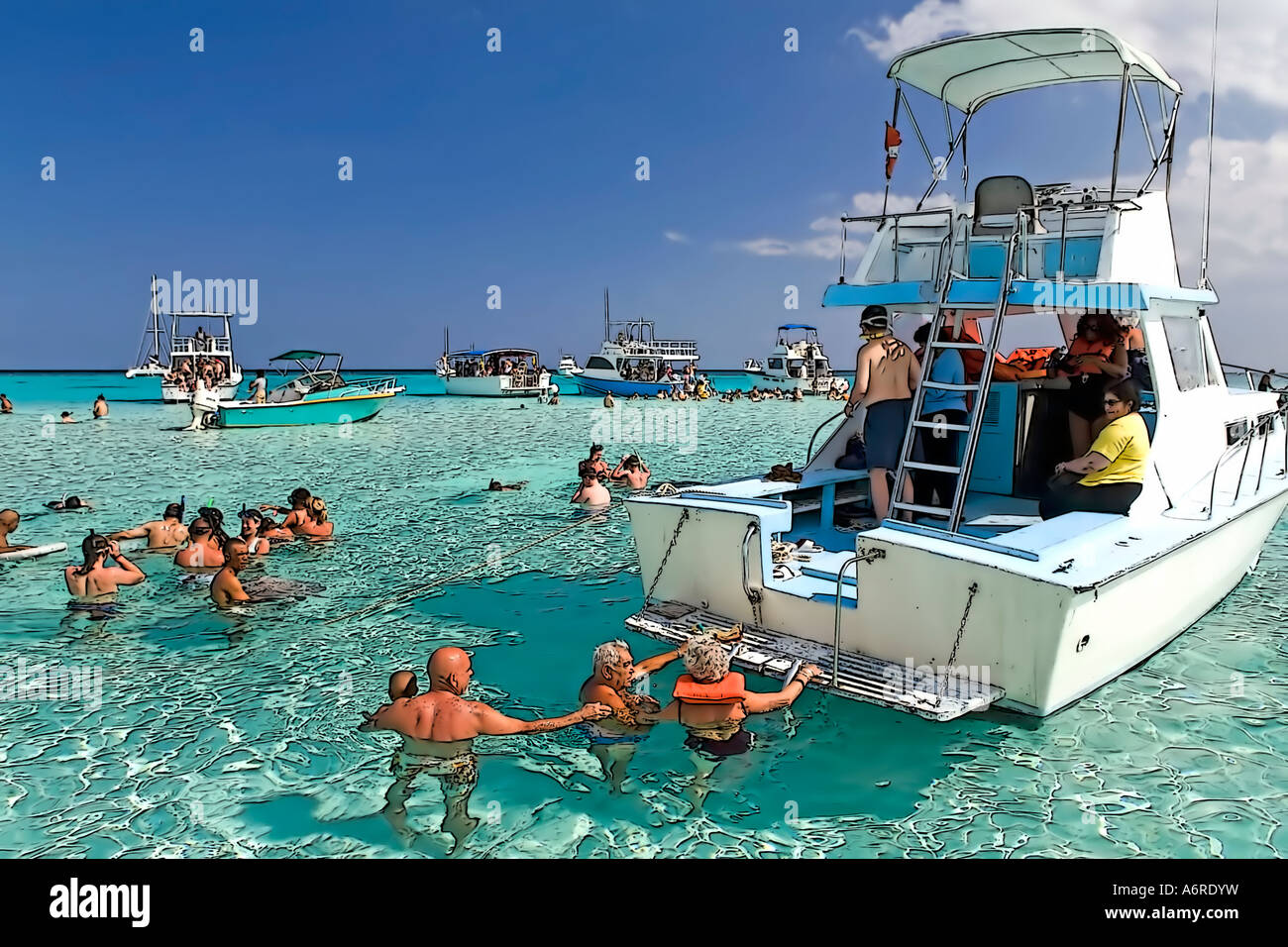 Grand Cayman Stingray Schwimmer. Passagiere, die das Tragen von Schwimmwesten. Karibik klares Wasser. Touristen im Urlaub. Kreuzfahrt. Stockfoto