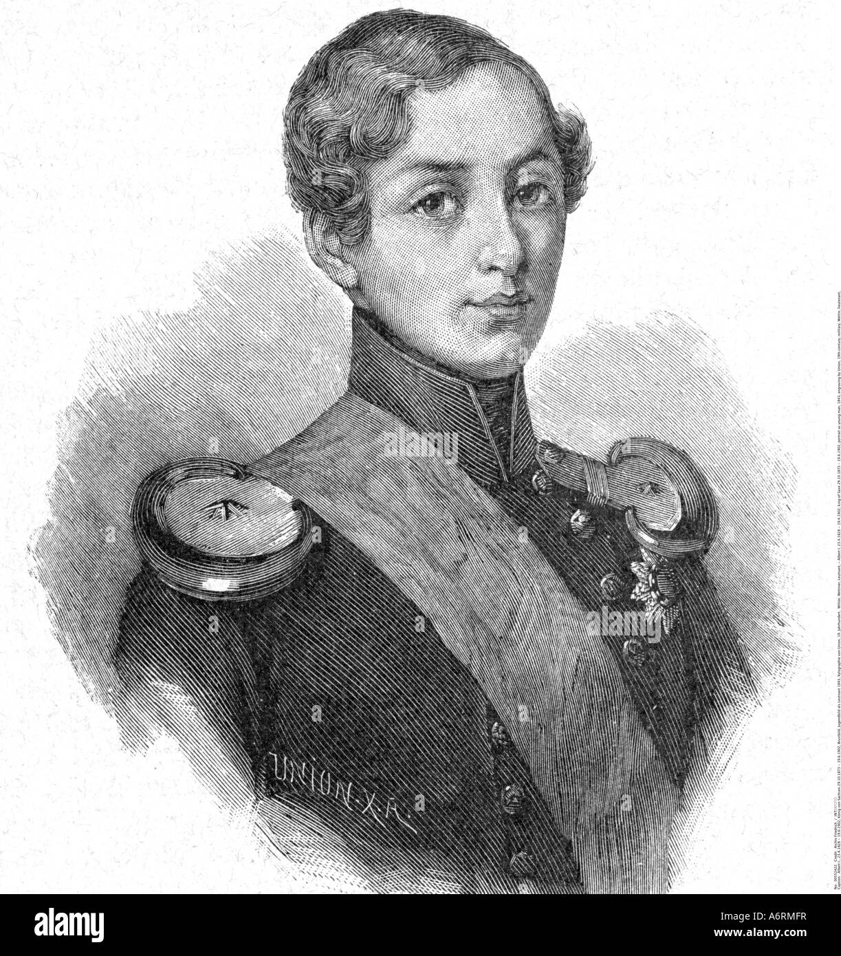 Albert i., 23.4.1828 - 19.4.1902, König von Sachsen 29.10.1873 - 19.6.1902, Portrait als junger Mann, Kupferstich von X. A. Union, ca. 1 Stockfoto