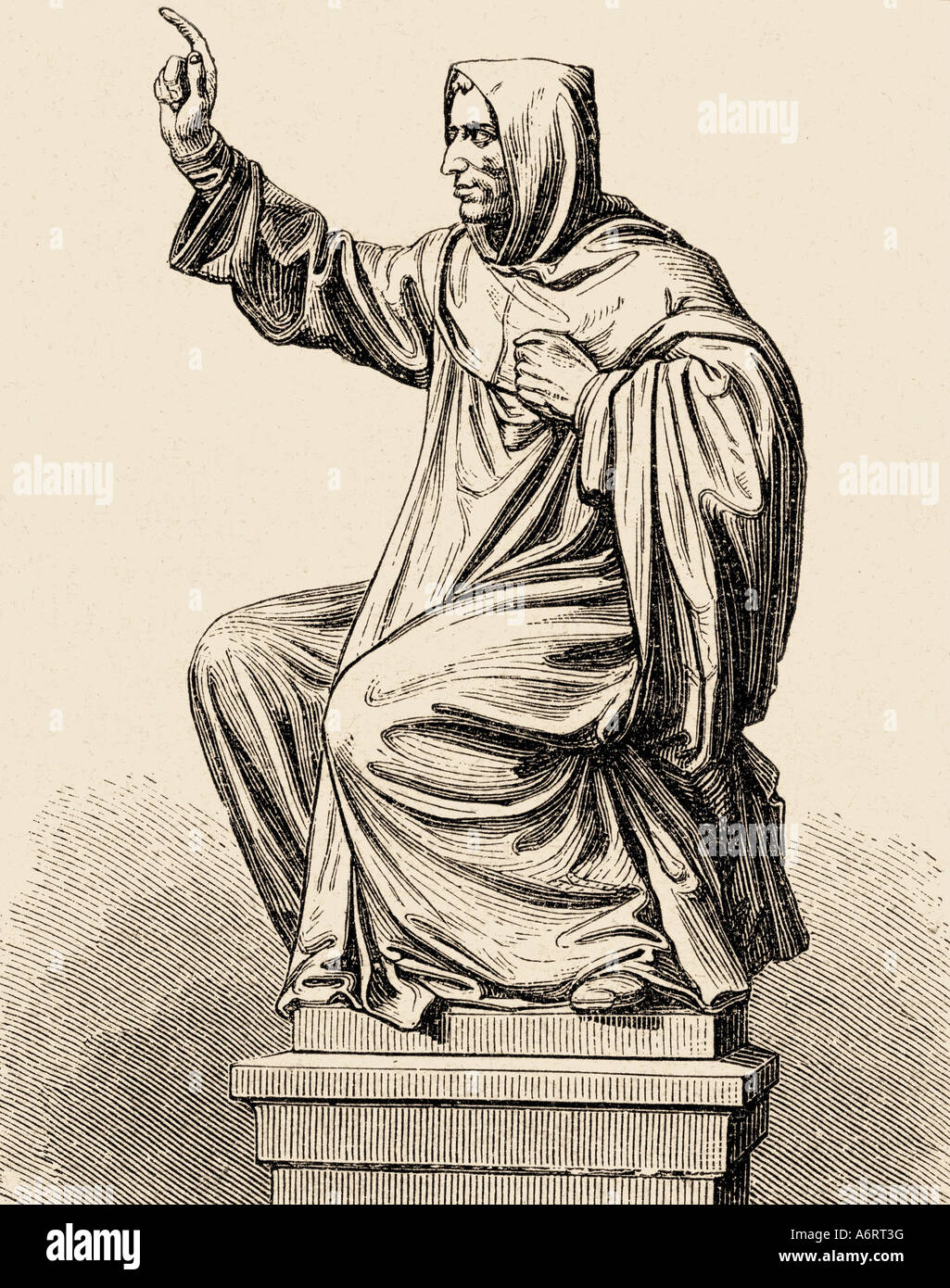 Savonarola, Girolamo, 21.9.1452 - 23.5.1498, italienischer Geistlicher, Ganzkörperansicht, Statue in Worms, Gravur, 19. Jahrhundert, Reformer, Stockfoto