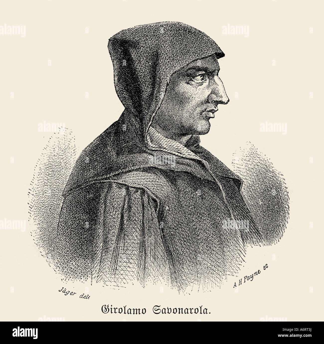 Savonarola, Girolamo, 21.9.1452 - 23.5.1498, italienischer Geistlicher, Portrait, Seitenfläche, Kupferstich von Albert Henry Payne, 19. Jahrhun Stockfoto