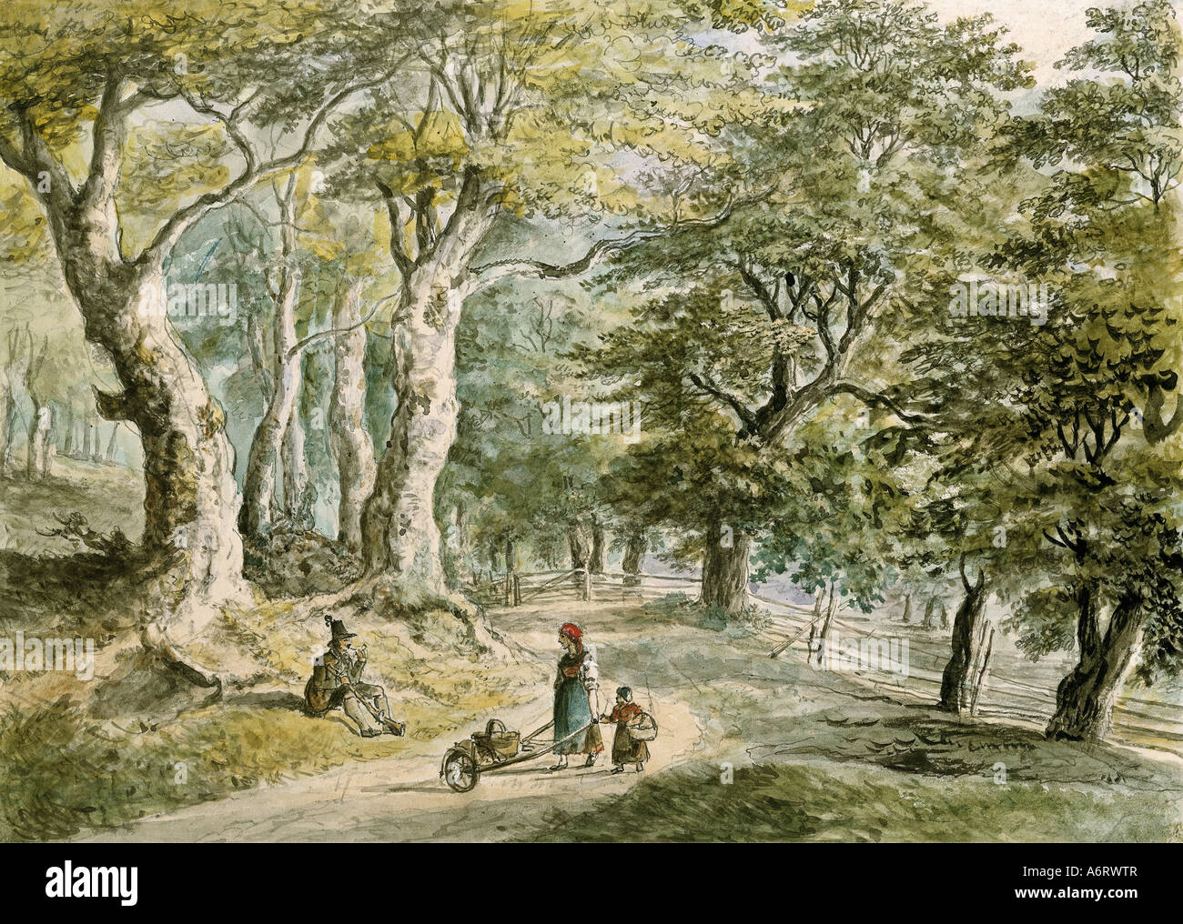 Bildende Kunst, Dorner, Johann Jakob, der jüngere (1775-1852), Forrest in der Nähe von Dietramszell, Aquarell, 21, 6 x 30 cm, private s Stockfoto
