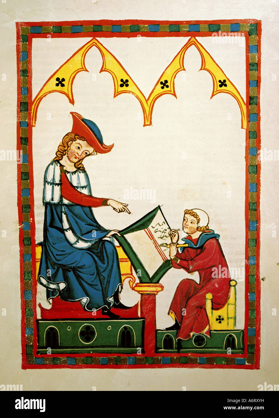 Bildende Kunst, Mittelalter, Gothic, Beleuchtung, Codex Manesse, Zürich, 1305-1340, Meister Konrad von Würzburg (ca. 1220/1230 - Stockfoto