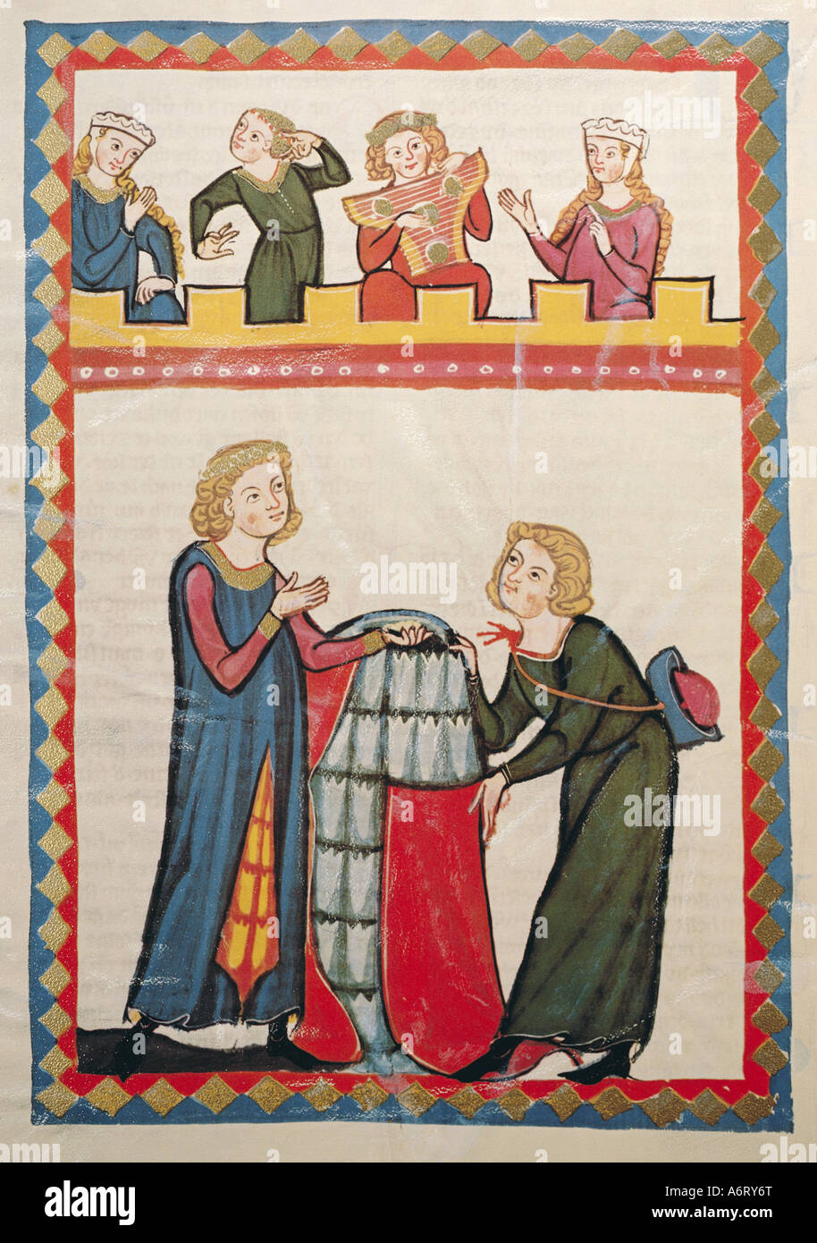 Bildende Kunst, Mittelalter, Gothic, Beleuchtung, Codex Manesse, Zürich, 1305-1340, Meister Sigeher für Farben auf Pergament, Uni Stockfoto