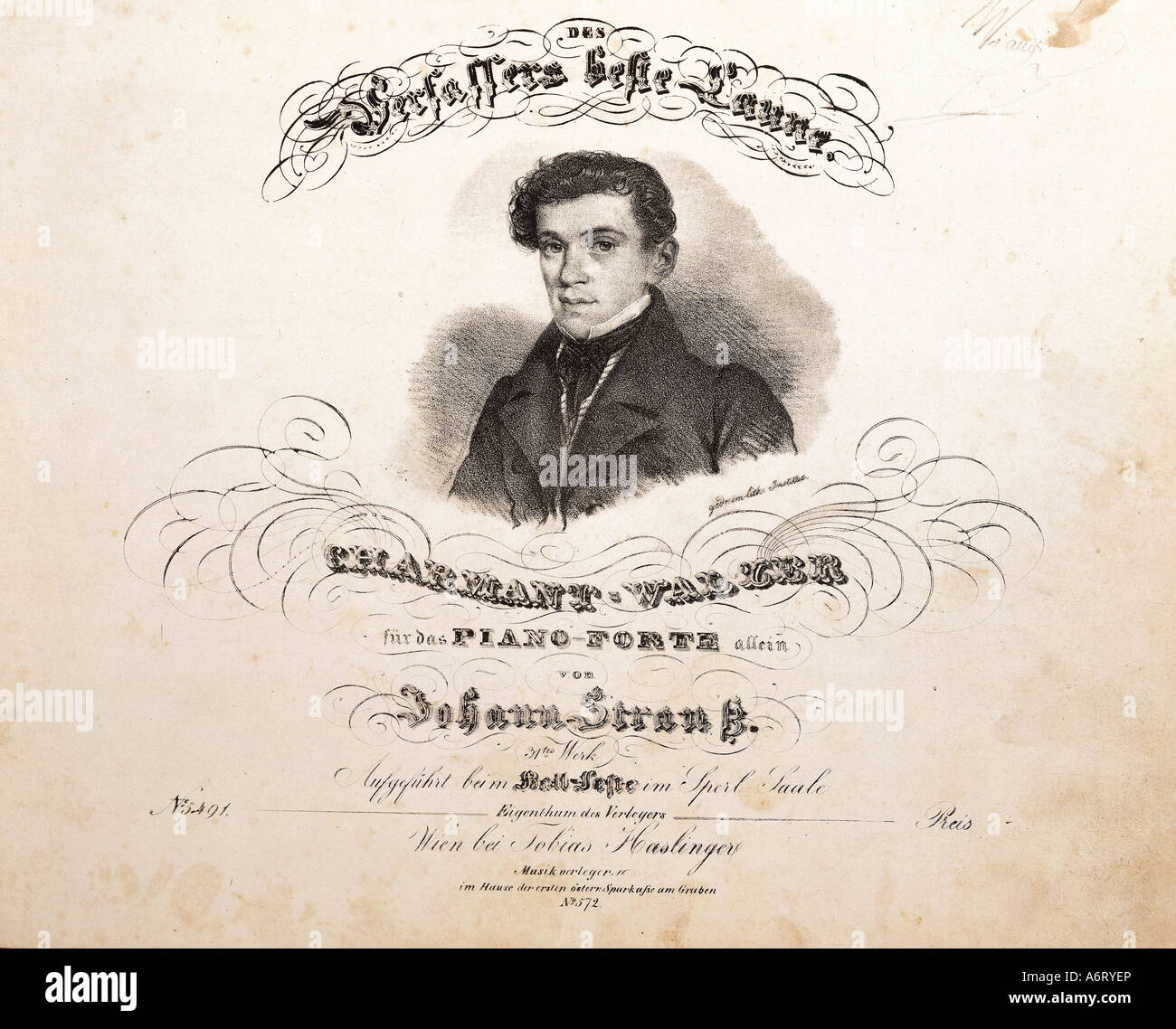 "Strauß, Johann (Vater), 14.3. 1804 - 25.9.1849, Austran Komponist, Porträt, Lithographie, Titel, "Charmant-Walzer", herausgegeben von Stockfoto