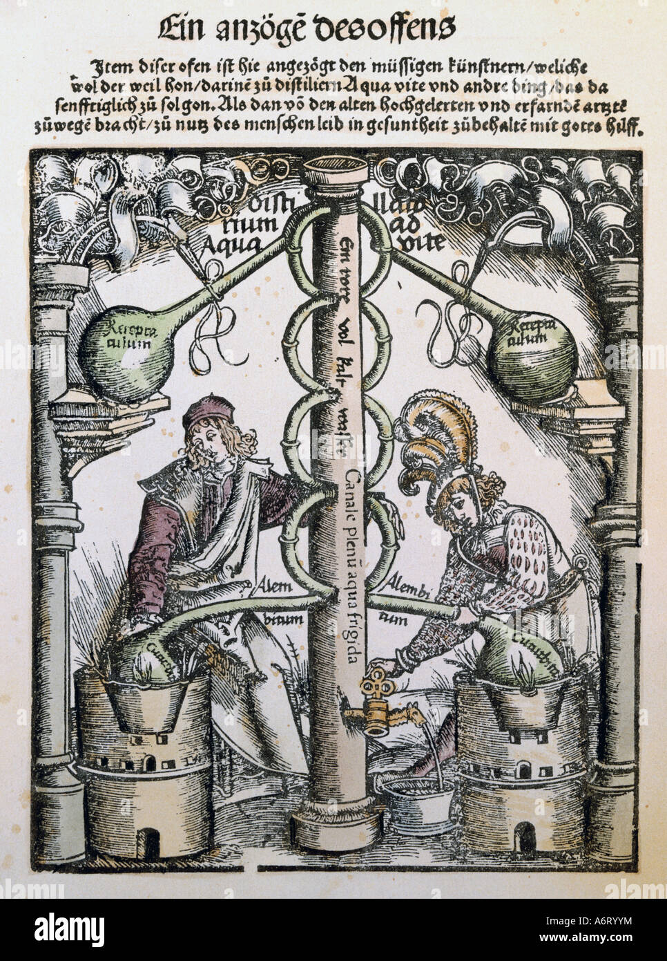 Alchemie, Destillation, Herd mit zwei Adepten, Holzschnitt, "Coelum philosophorum" von Philipp Ulstadt, Strassburg, ca. 1520/1530, Stockfoto