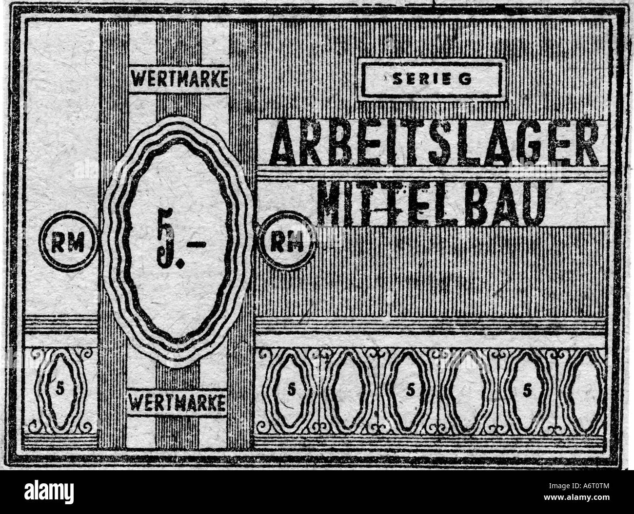 Natíonal der Nationalsozialismus, Verbrechen, Arbeitslager Mittelbau, Token, 5 Reichsmark, 1943 - 1945, Stockfoto