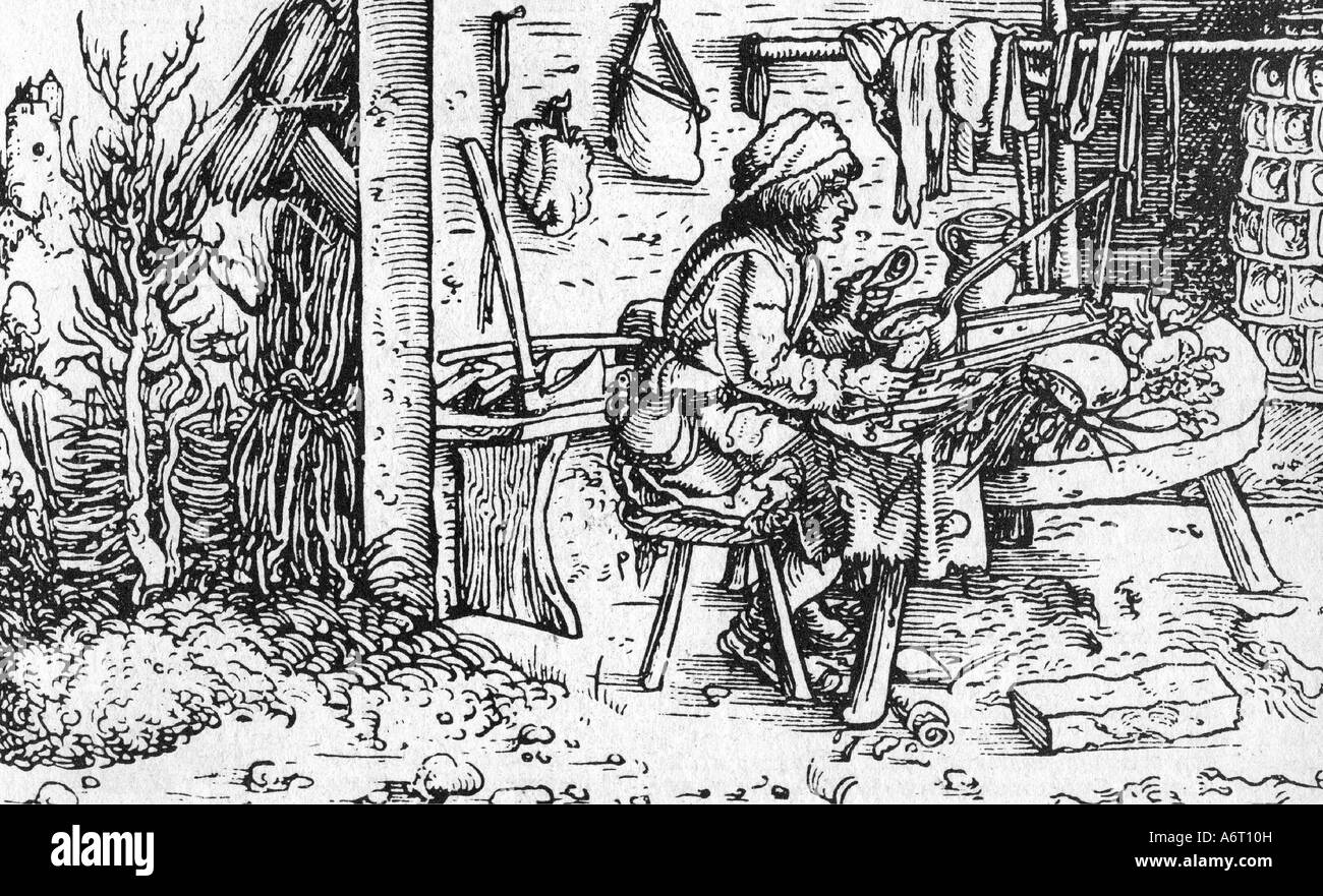 Landwirtschaft, Landleben, Bauernessen, Holzschnitt, "de remediis utriusque fortunae" von Francesco Petrarca (1344/1366), gedruckt in Augsburg 1532 und später, Stockfoto