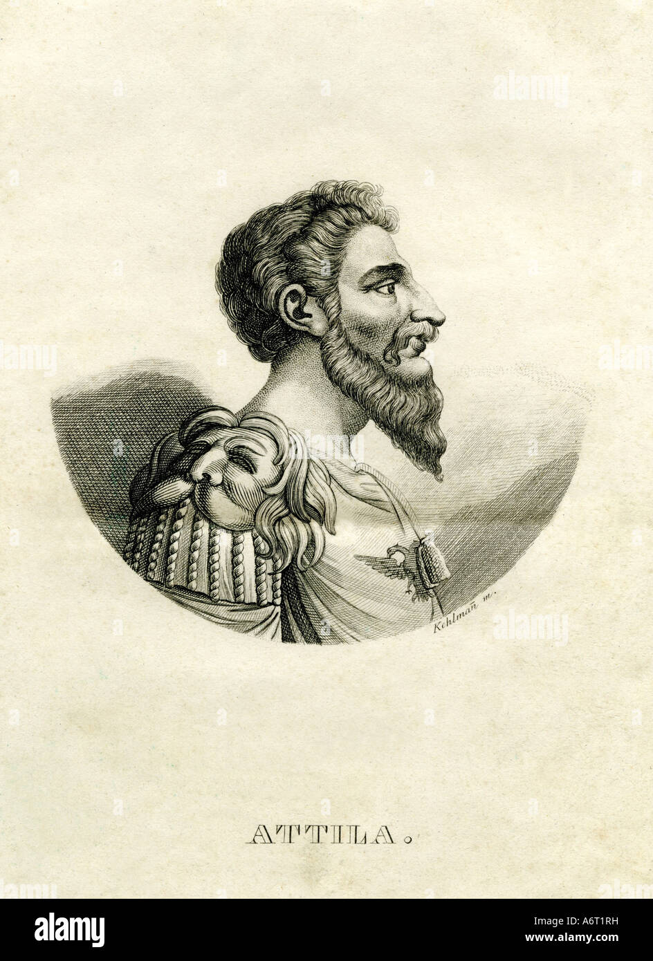 Attila der Hunne, ca. 406-453, König der Hunnen, ca. 433-453, Porträt, Stahlstich, von Kohlmann, 1836, historisch, hist Stockfoto