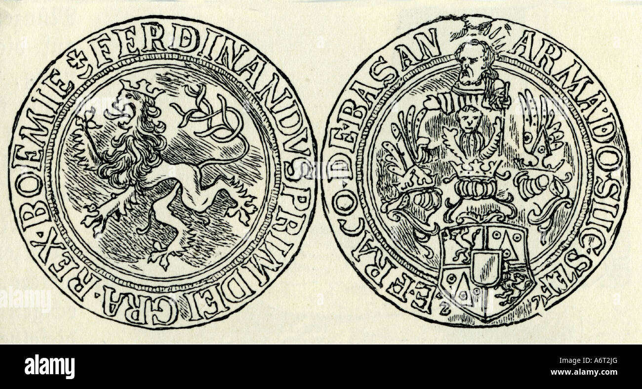 Geld, Münzen, Tschechien, böhmischer Thaler von König Ferdinand I. (regierte 1527 - 1564), Gravur, Münze, 16. Jahrhundert, historisch, historisch, Habsburg, Böhmen, Wappen, Numismatik, Menschen, Stockfoto