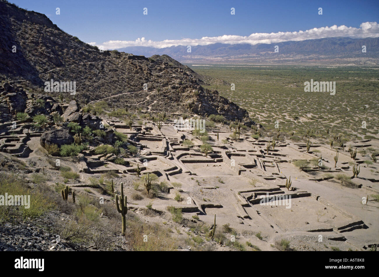 Antike Ruinenstadt Quilmes in Nord-Argentinien mit fernen Berge Wüste und Klima an sonnigen Tag Stockfoto