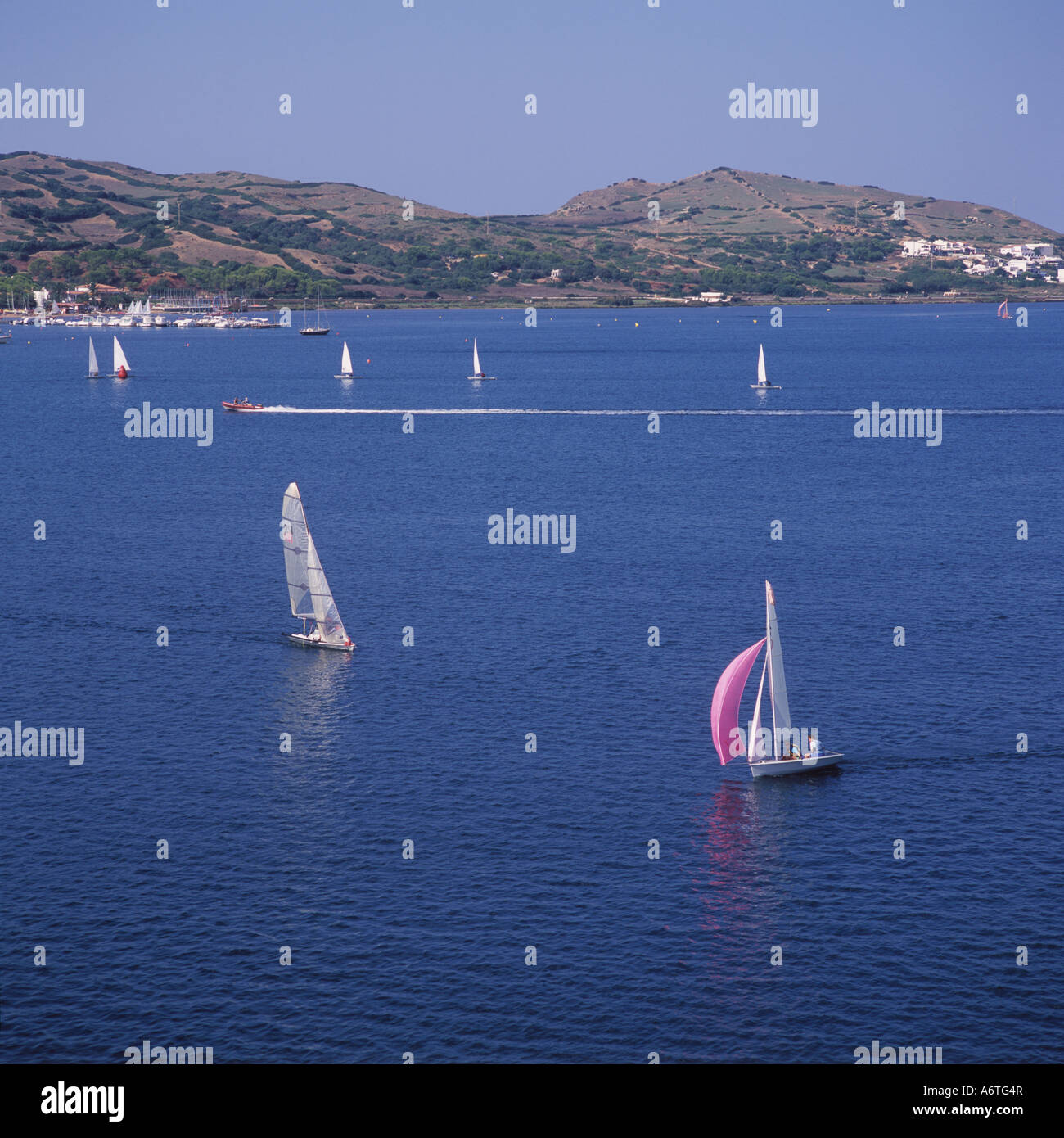 Luftaufnahme des Segelns in Cala Fornells (Badia de Fornells), Fornells, North Coast Menorca, Balearen Islans, Spanien. Stockfoto