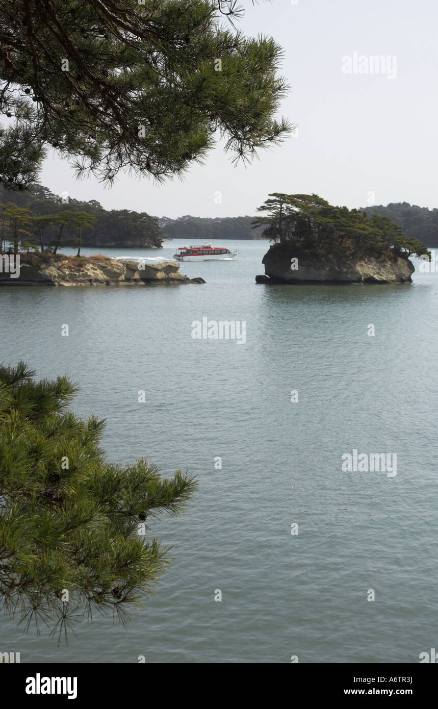 Nördlichen Honshu Miyagi in Japan ken Matsushima Bucht Oshima Insel Blick auf Meer und kleine Inseln, die durch Pinien mit Touristen gesehen Stockfoto