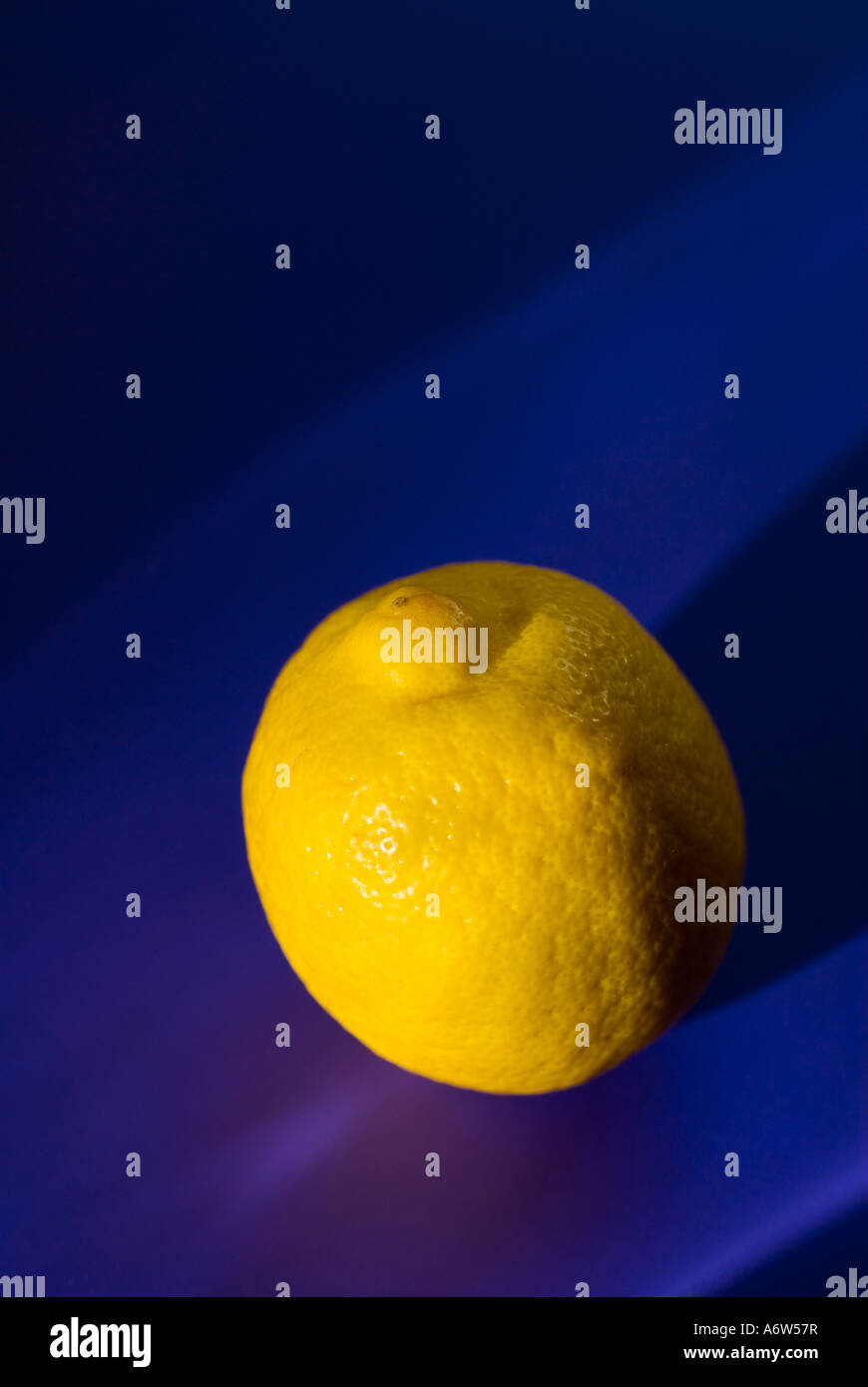Gelbe Zitrone auf blauem Hintergrund Stockfoto