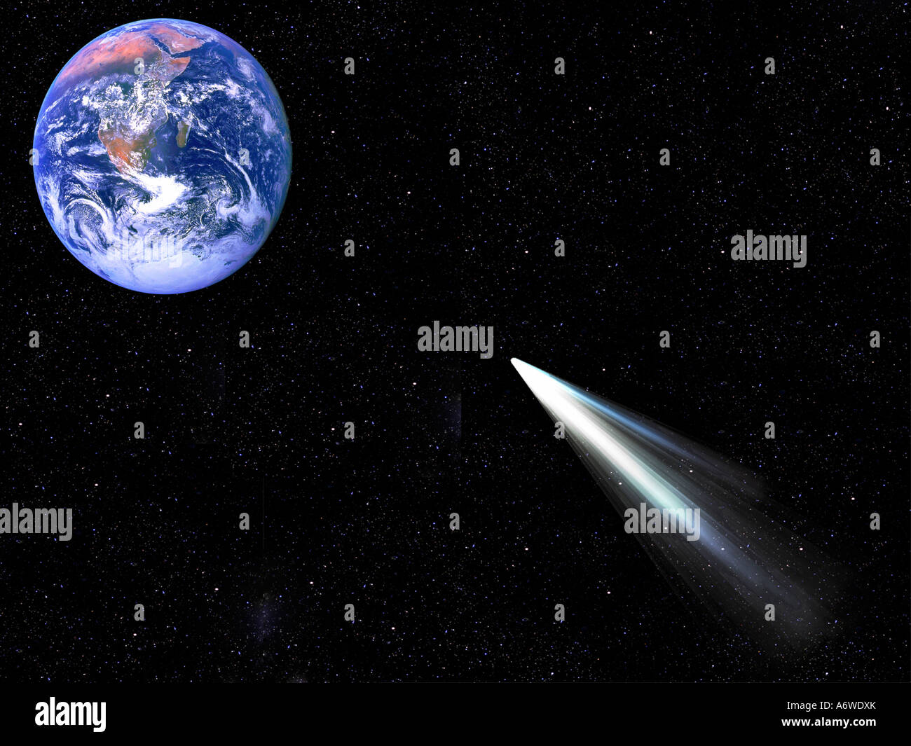 konzeptuelle Ansicht der Kometen Streifen durch den Weltraum auf die Erde Stockfoto
