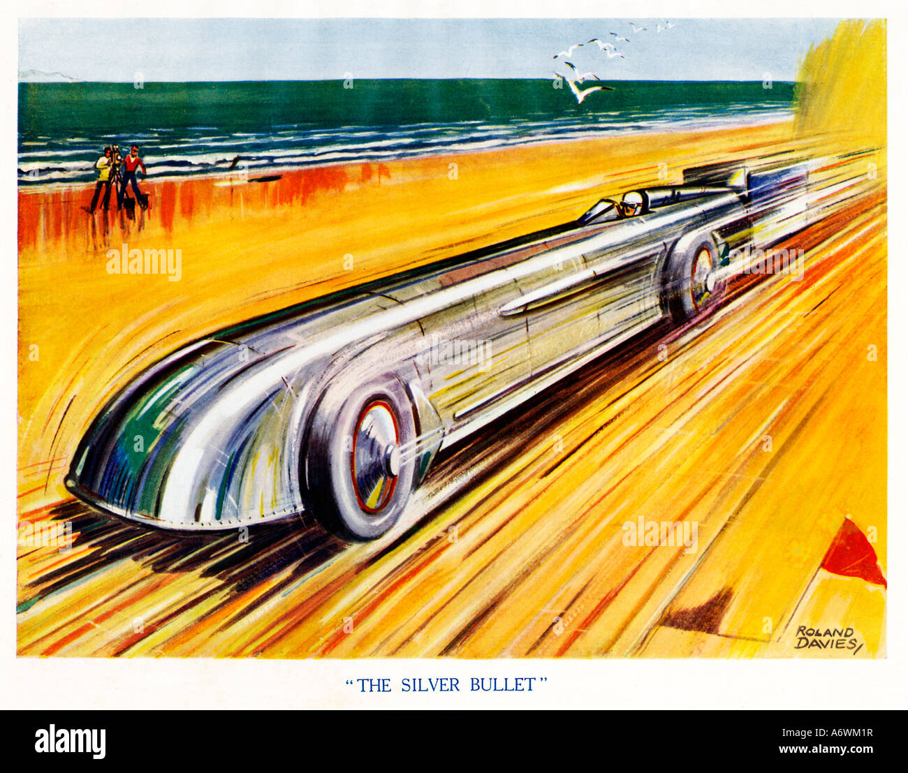 Die Silver Bullet 1930 jungen Comic-Buchillustration der Versuch der Geschwindigkeitsrekord auf dem Strand Stockfoto