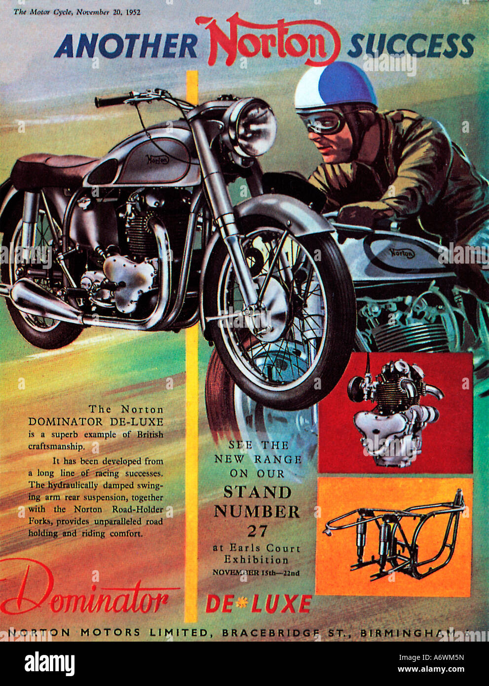 Norton Dominator 1952 Magazin Werbung für das Norton Dominator De Luxe Motorrad auf der Earls Court Exhibition gezeigt Stockfoto