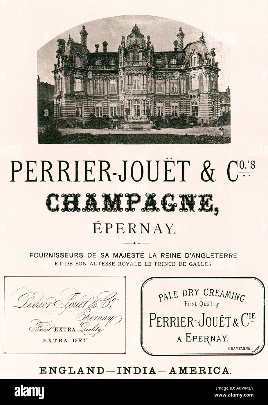 Perrier Jouet Champagner späten viktorianischen Anzeige in einer englischen Zeitschrift für die französischen Fizz durch königliche Ernennung Stockfoto