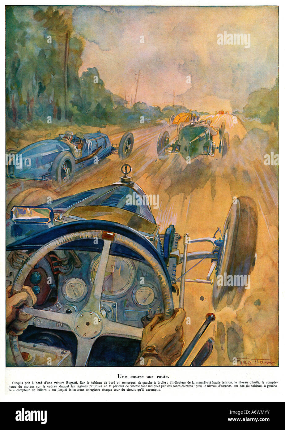 Bugatti-Dashboard 1928 Illustration von der Sicht des Fahrers in einem Straßenrennen der italienischen Rennwagen-Cockpit Stockfoto