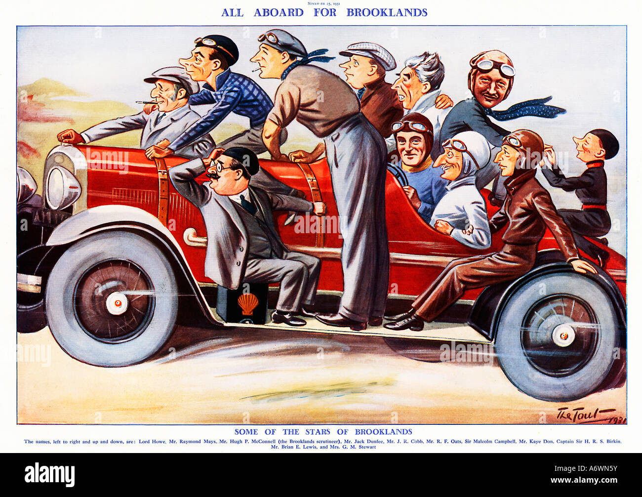 Alle an Bord für Brooklands 1931 Karikatur der Creme des britischen Motorsports Brüderlichkeit einschließlich Sir Malcolm Campbell Stockfoto