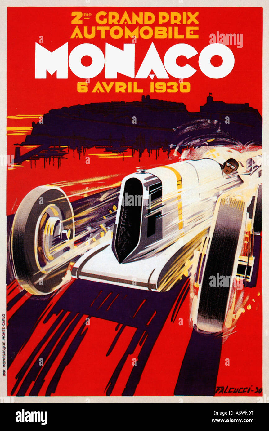 Monaco Grand Prix 1930, Plakat für das 2. Rennen in Monte Carlo zeigt einen silbernen Mercedes-Benz SSK racing in Richtung des Betrachters Stockfoto