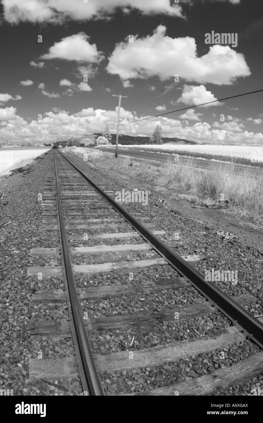 Infrarot-Foto von Bahngleisen und Himmel Stockfoto